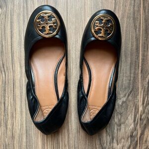 Tory Burch Black Flats with Gold Logo